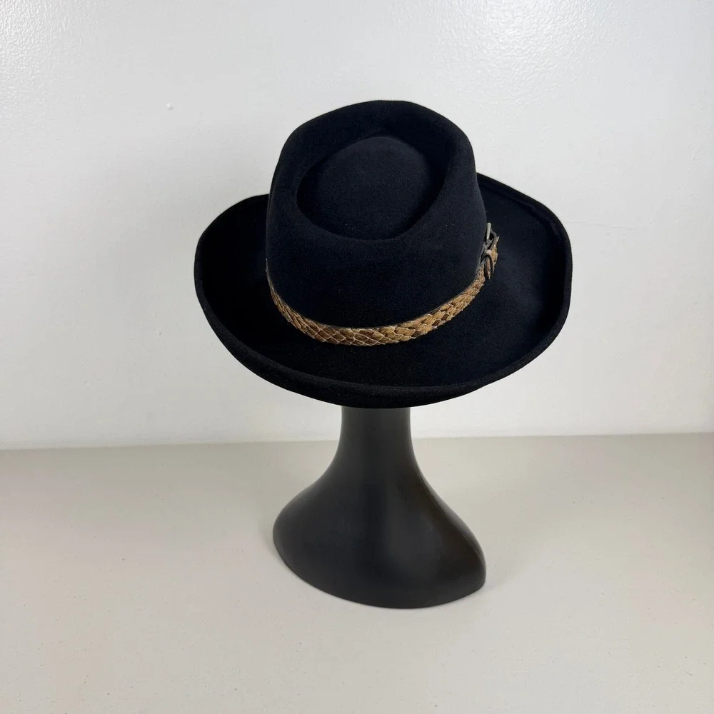 Eric Javits Black Felt Fedora Hat‎ Genuine Python Band Buckle